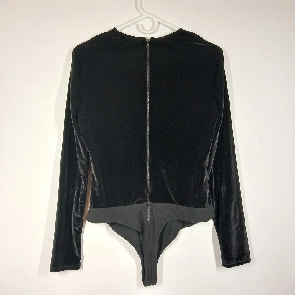 Alice + Olivia Bodysuit Women Large Black Velvet Lace Up Long Sleeve Party